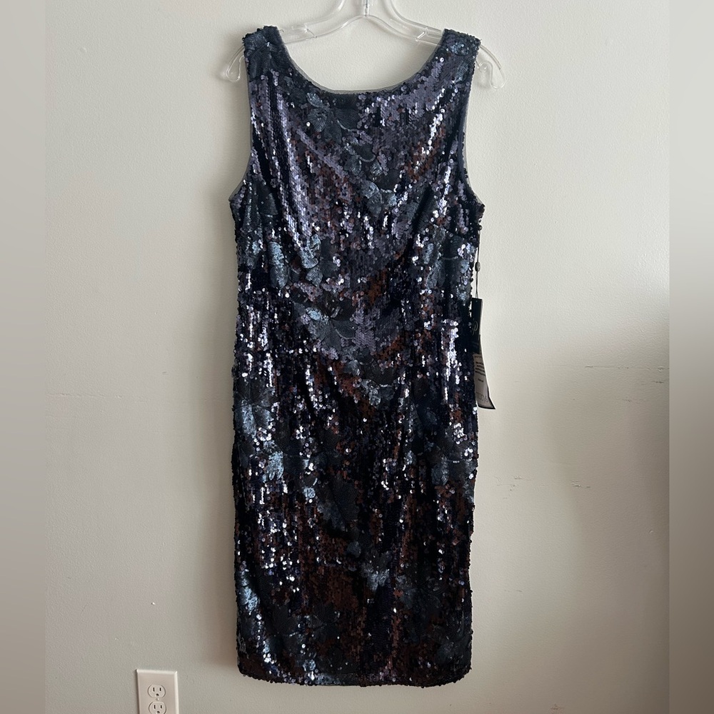 Adrianna Papell Navy Sequin Midi Sheath Dress